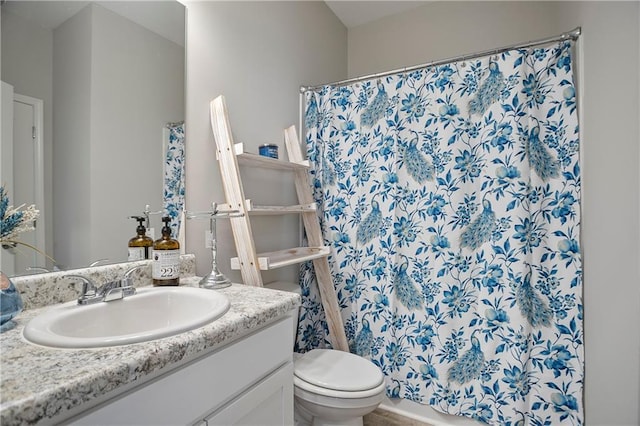 full bathroom featuring vanity, curtained shower, and toilet