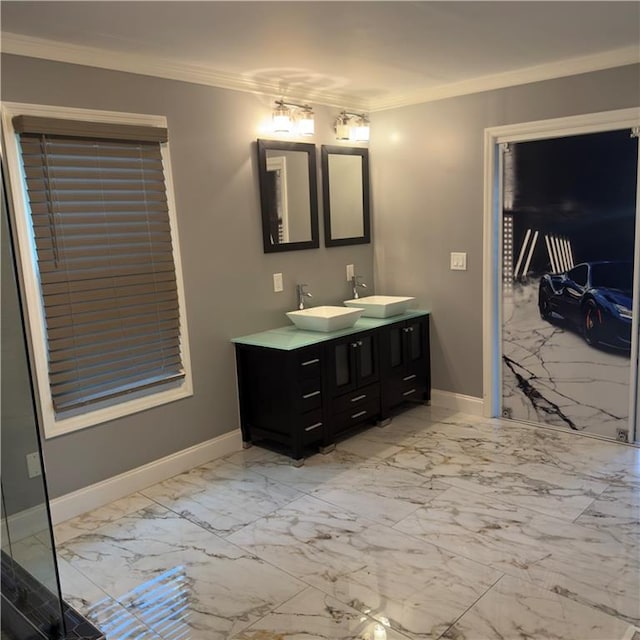 bathroom featuring ornamental molding and vanity