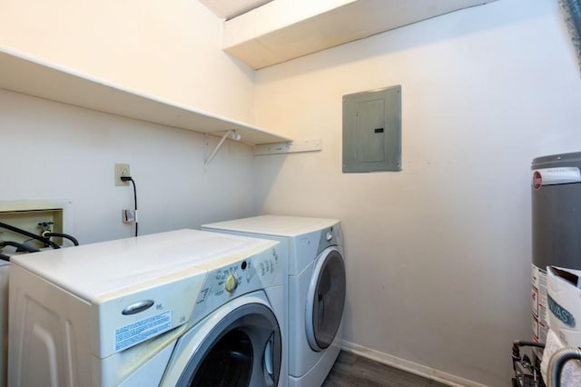 laundry area featuring baseboards, laundry area, electric panel, water heater, and washer and clothes dryer