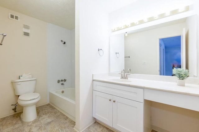 bathroom featuring vanity, toilet, washtub / shower combination, and visible vents