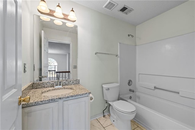 full bathroom with visible vents, toilet, vanity, and a textured ceiling