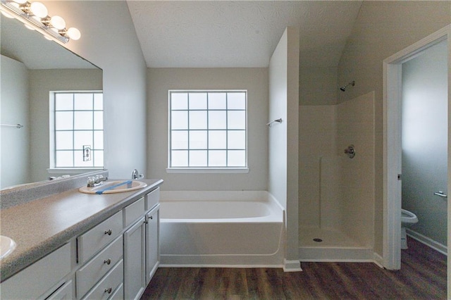 full bathroom with separate shower and tub, toilet, hardwood / wood-style floors, and vanity