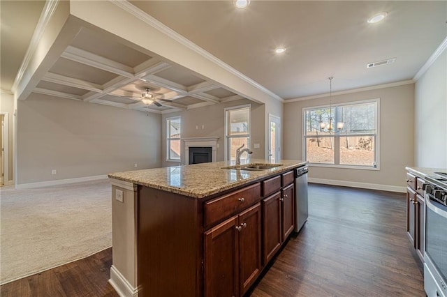 kitchen featuring a fireplace, stainless steel appliances, a sink, ceiling fan with notable chandelier, and open floor plan