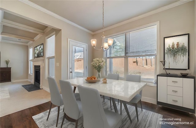 dining room featuring a wealth of natural light, a fireplace with flush hearth, ornamental molding, and dark wood-style flooring