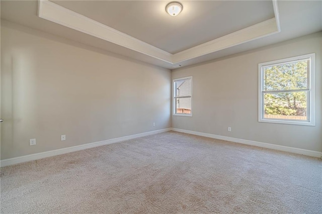 unfurnished room with light colored carpet, a raised ceiling, and baseboards