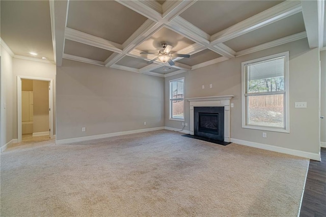 unfurnished living room featuring a fireplace with flush hearth, baseboards, and coffered ceiling