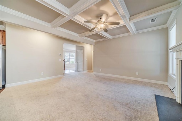 unfurnished living room with light carpet, beam ceiling, coffered ceiling, and baseboards