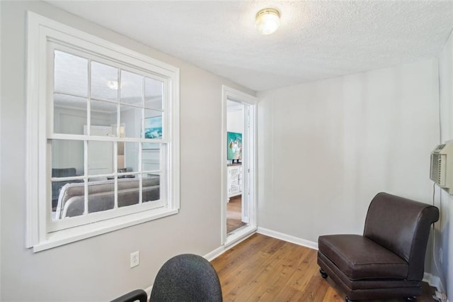 living area featuring a textured ceiling and hardwood / wood-style flooring