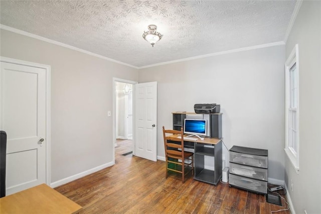 office area featuring crown molding, a textured ceiling, and dark wood-type flooring