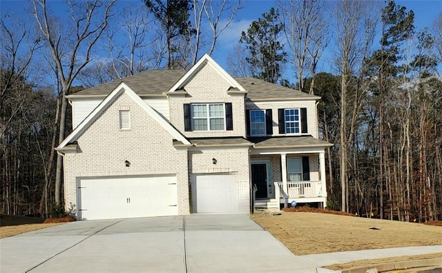 view of front facade with a porch, concrete driveway, brick siding, and an attached garage