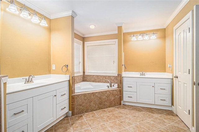 bathroom with crown molding, two vanities, and a sink