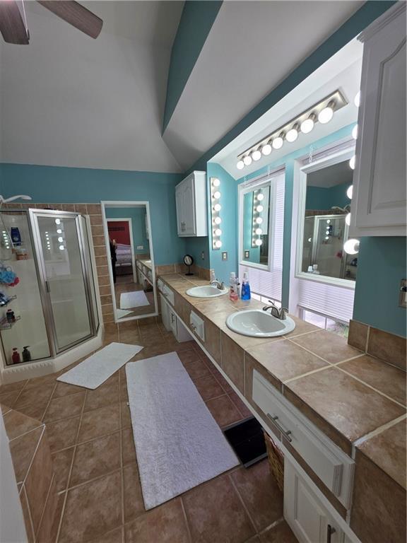 bathroom featuring a stall shower, a ceiling fan, a sink, and lofted ceiling