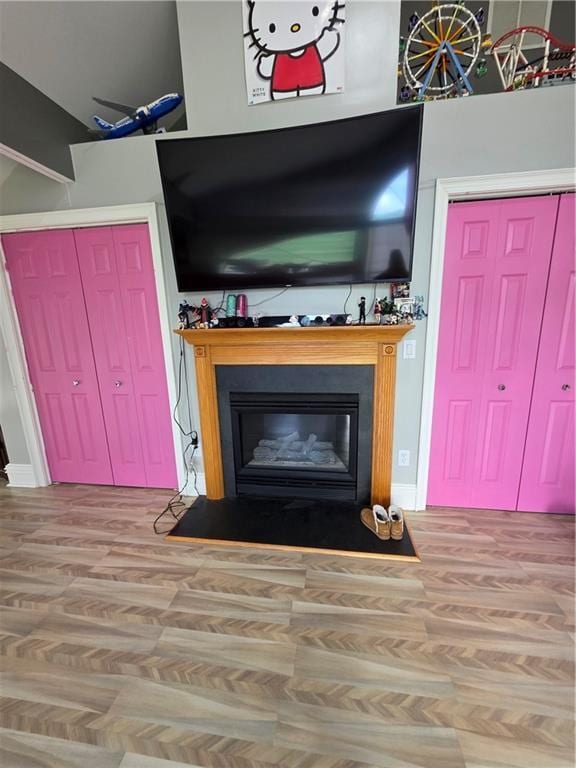 room details with a fireplace with flush hearth and wood finished floors