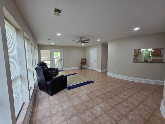 sitting room with visible vents, ceiling fan, and recessed lighting