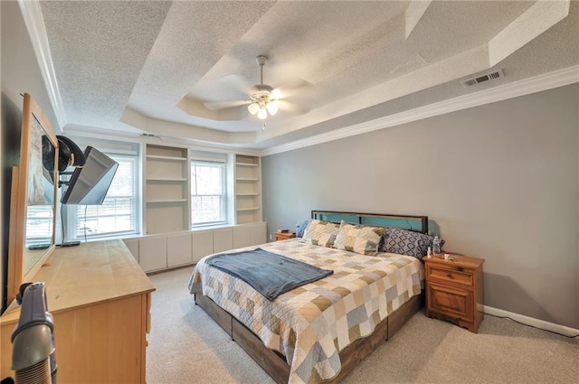 2165 Shillings Chase Dr NW, Kennesaw, GA 30152 - bedroom featuring light colored carpet, a tray ceiling, crown molding, a textured ceiling, and a ceiling fan