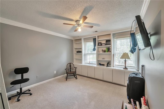 2165 Shillings Chase Dr NW, Kennesaw, GA 30152 - office with light colored carpet, ceiling fan, a textured ceiling, crown molding, and baseboards