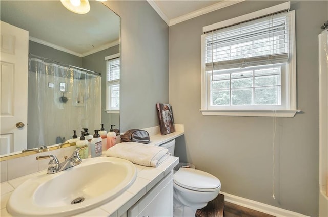 2165 Shillings Chase Dr NW, Kennesaw, GA 30152 - bathroom with plenty of natural light, toilet, vanity, ornamental molding, and a shower with shower curtain