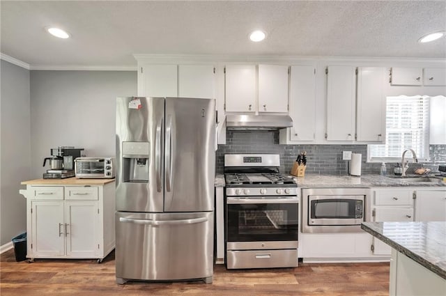 2165 Shillings Chase Dr NW, Kennesaw, GA 30152 - kitchen with stainless steel appliances, a sink, under cabinet range hood, crown molding, and white cabinetry