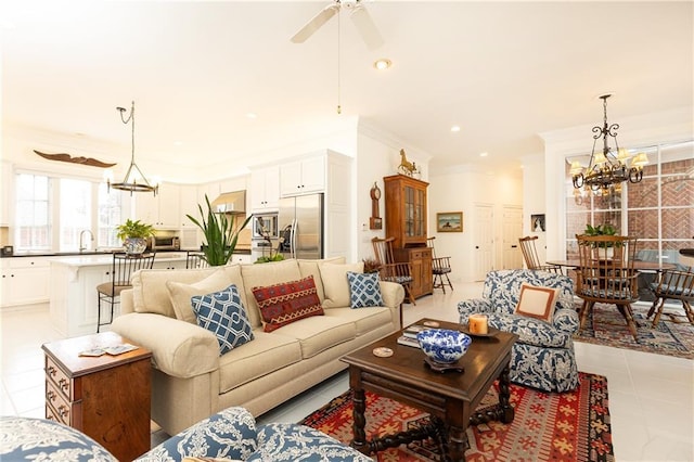 3022 Loridan Way SE, Atlanta, GA 30339 - living room featuring a chandelier, a ceiling fan, ornamental molding, recessed lighting, and light tile patterned floors