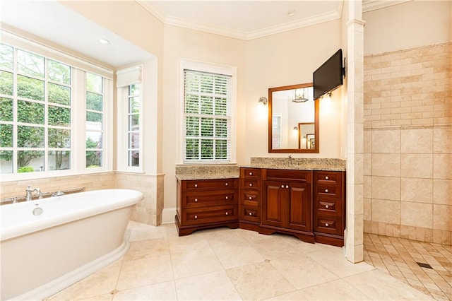 3022 Loridan Way SE, Atlanta, GA 30339 - full bath with vanity, crown molding, a soaking tub, tile patterned flooring, and tile walls