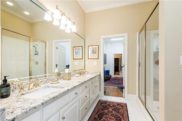 3022 Loridan Way SE, Atlanta, GA 30339 - bathroom featuring crown molding, a shower stall, double vanity, tile patterned flooring, and recessed lighting