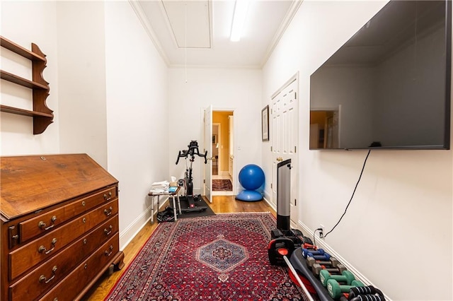 3022 Loridan Way SE, Atlanta, GA 30339 - exercise room with attic access, wood finished floors, ornamental molding, and baseboards