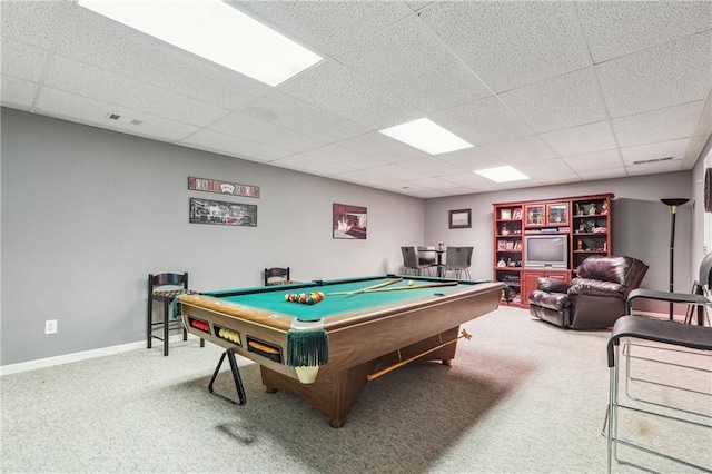 rec room featuring carpet, billiards, and a paneled ceiling