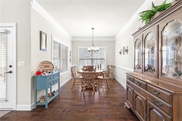 dining area with an inviting chandelier, crown molding, and dark wood-type flooring