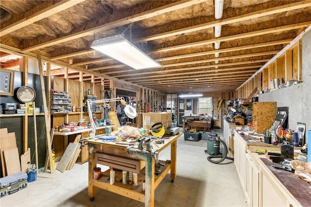 basement with a workshop area