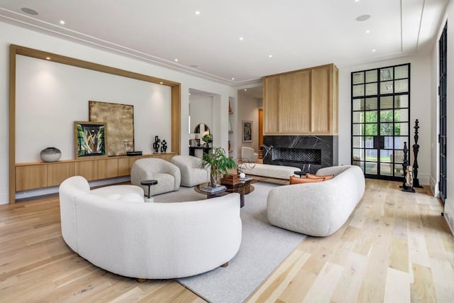 living room featuring a fireplace and light wood-type flooring