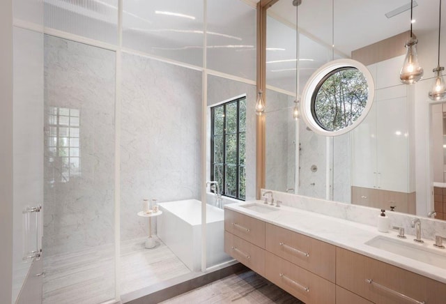 bathroom featuring vanity and plus walk in shower