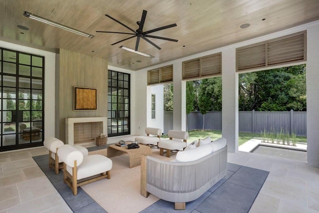 interior space featuring ceiling fan and wood ceiling