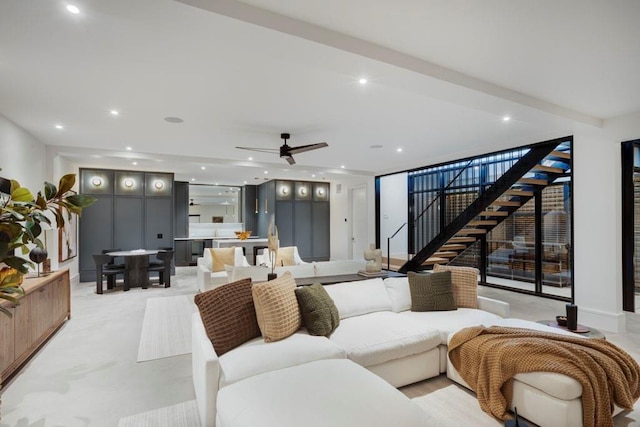 living room featuring ceiling fan