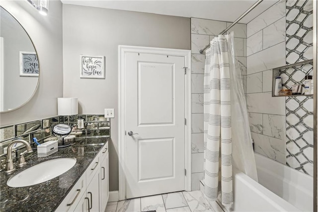 bathroom featuring shower / tub combo with curtain and vanity