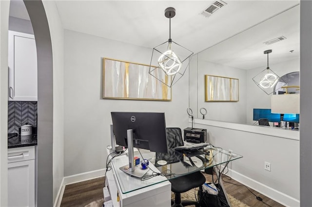 home office featuring dark wood-type flooring