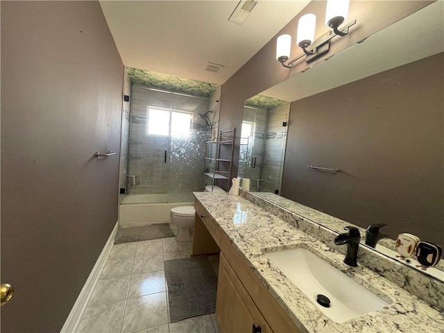 full bathroom with baseboards, visible vents, vanity, and toilet