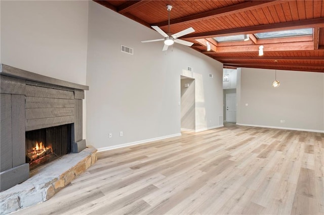 unfurnished living room featuring light wood-style flooring, a skylight, a fireplace, visible vents, and baseboards