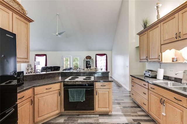 144 Bobs Dr SW, Mableton, GA 30126 - kitchen featuring black appliances, light brown cabinetry, a sink, dark countertops, and vaulted ceiling