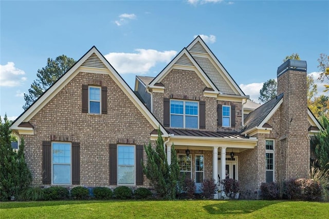 craftsman house with a porch and a front lawn