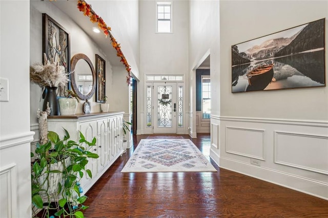 foyer entrance with a towering ceiling and dark hardwood / wood-style floors