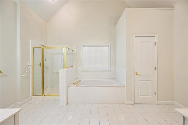 205 Finsbury Park Ct, Suwanee, GA 30024 - bathroom with tile patterned flooring, a bath, vanity, and high vaulted ceiling