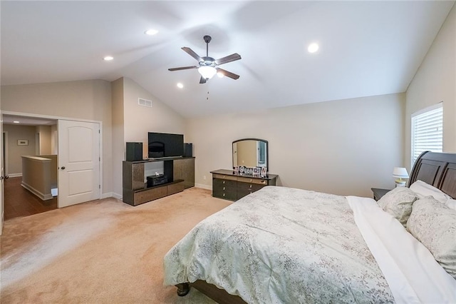 carpeted bedroom featuring lofted ceiling, ceiling fan, visible vents, and recessed lighting