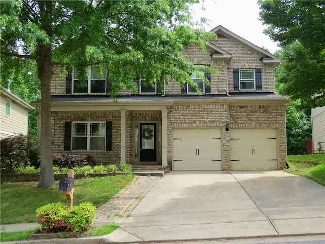 58 Torero Trl, Newnan, GA 30263 - traditional-style house featuring a garage, a porch, concrete driveway, and brick siding