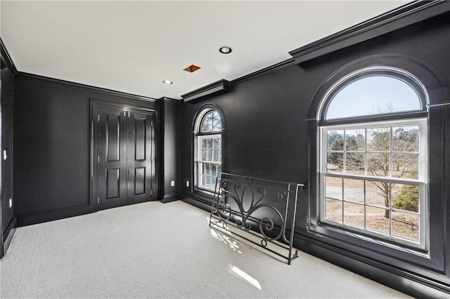 interior space with carpet floors, ornamental molding, and a wealth of natural light