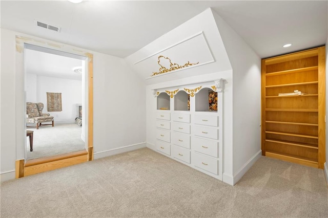 interior space featuring carpet, visible vents, baseboards, and recessed lighting