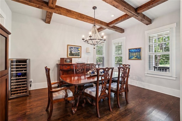 dining room featuring dark wood-type flooring, wine cooler, a wealth of natural light, and baseboards