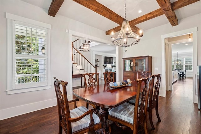 dining area featuring baseboards, a chandelier, dark wood finished floors, and beam ceiling