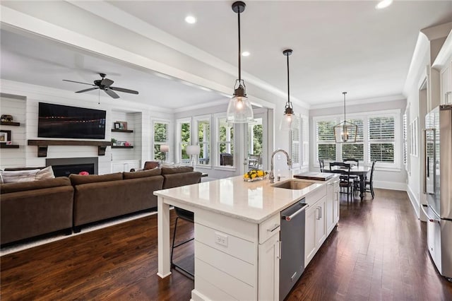 kitchen with a fireplace, crown molding, appliances with stainless steel finishes, dark wood-type flooring, and a sink