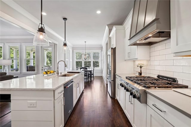 kitchen featuring crown molding, appliances with stainless steel finishes, dark wood-type flooring, a sink, and premium range hood