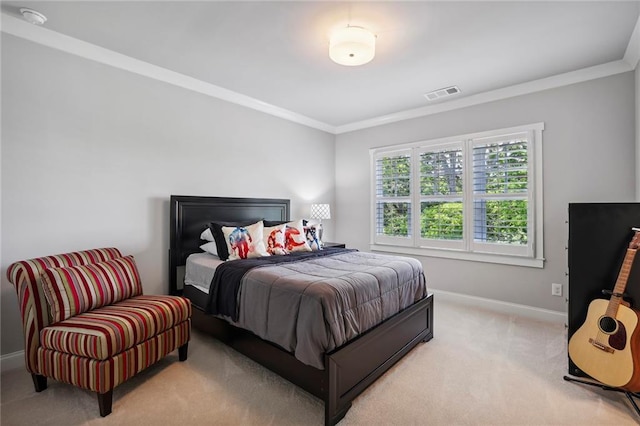 bedroom featuring light carpet, baseboards, visible vents, and crown molding